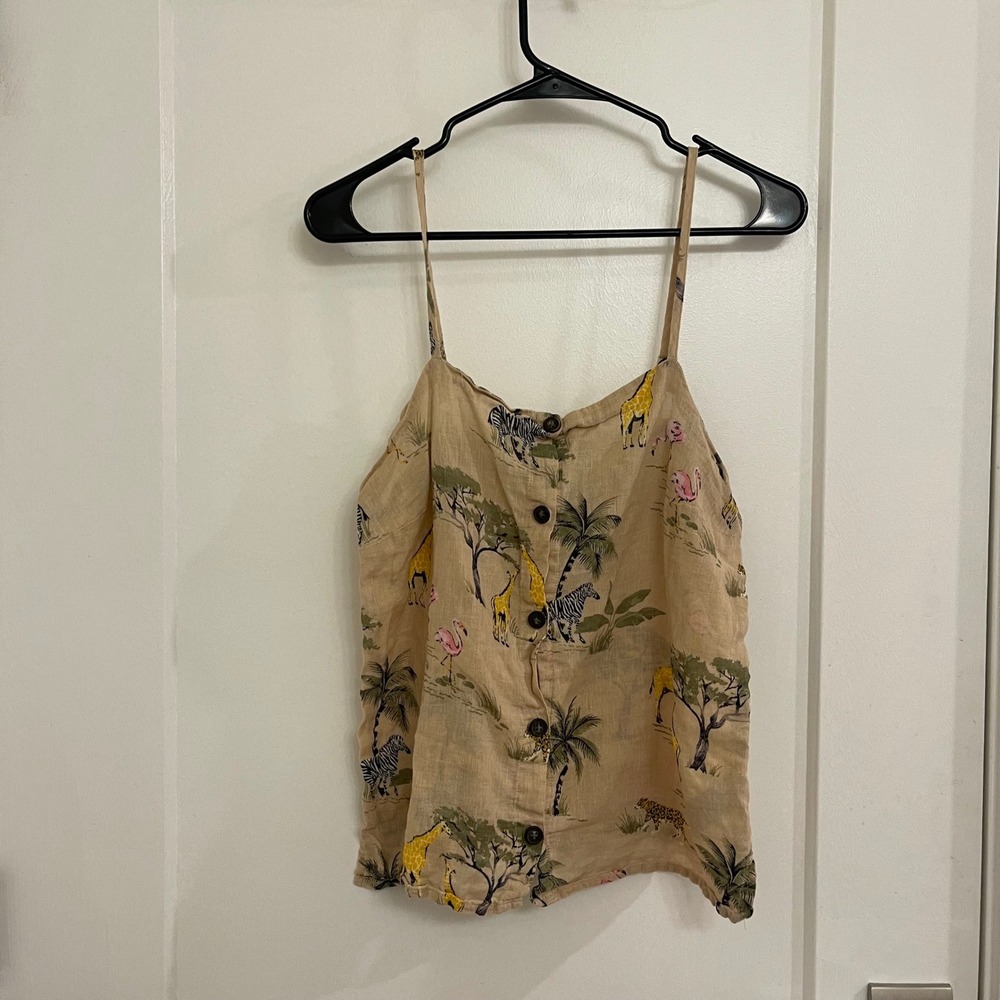 Linen Blend Jungle Old Navy Tank Top Summer Safari Africa Euro Animals - Picture 2 of 5